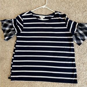 Kate Spade Striped Navy Top with Plaid Sleeves